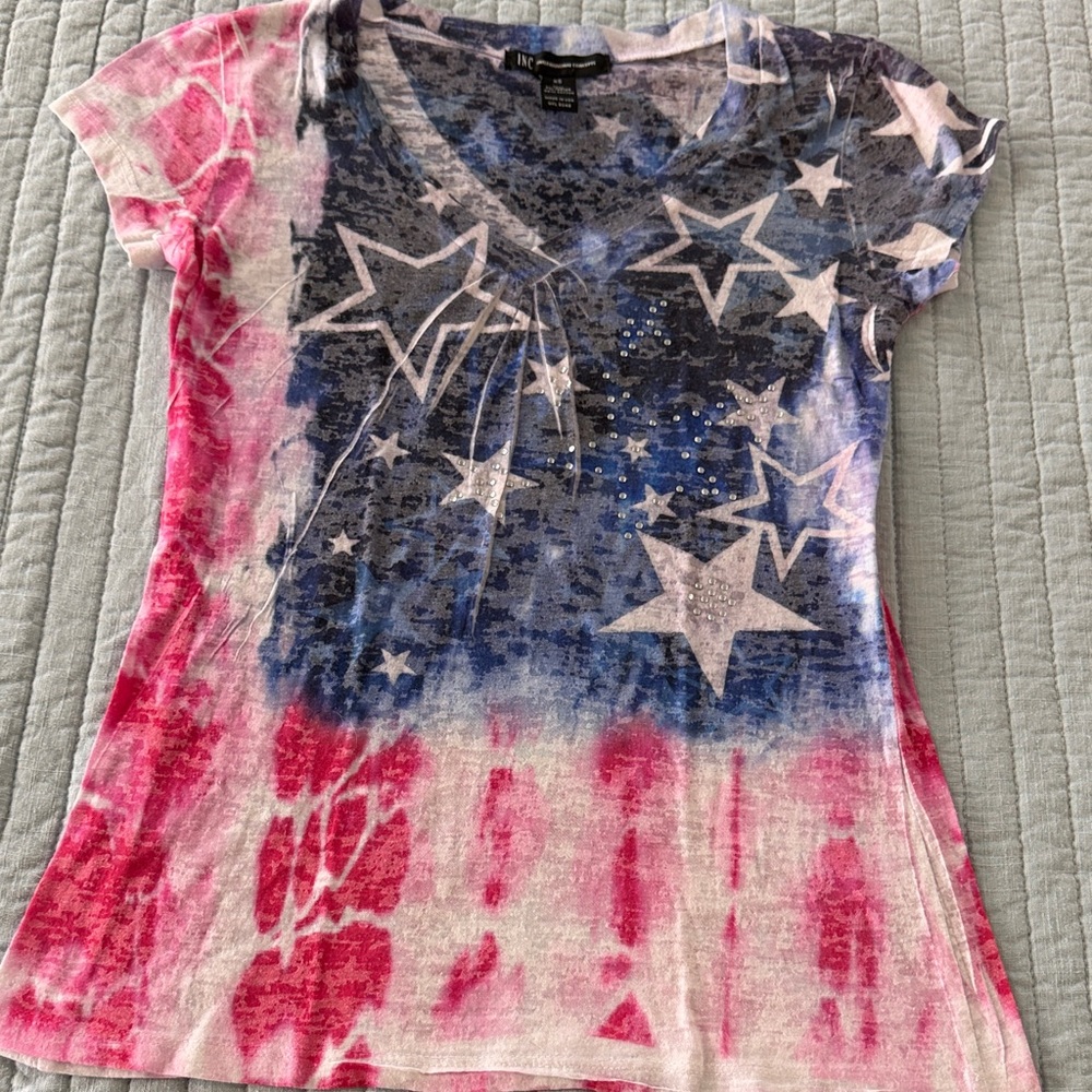 INC International Concepts Pink, Blue & White Star Tie-Dye V-Neck Tee
